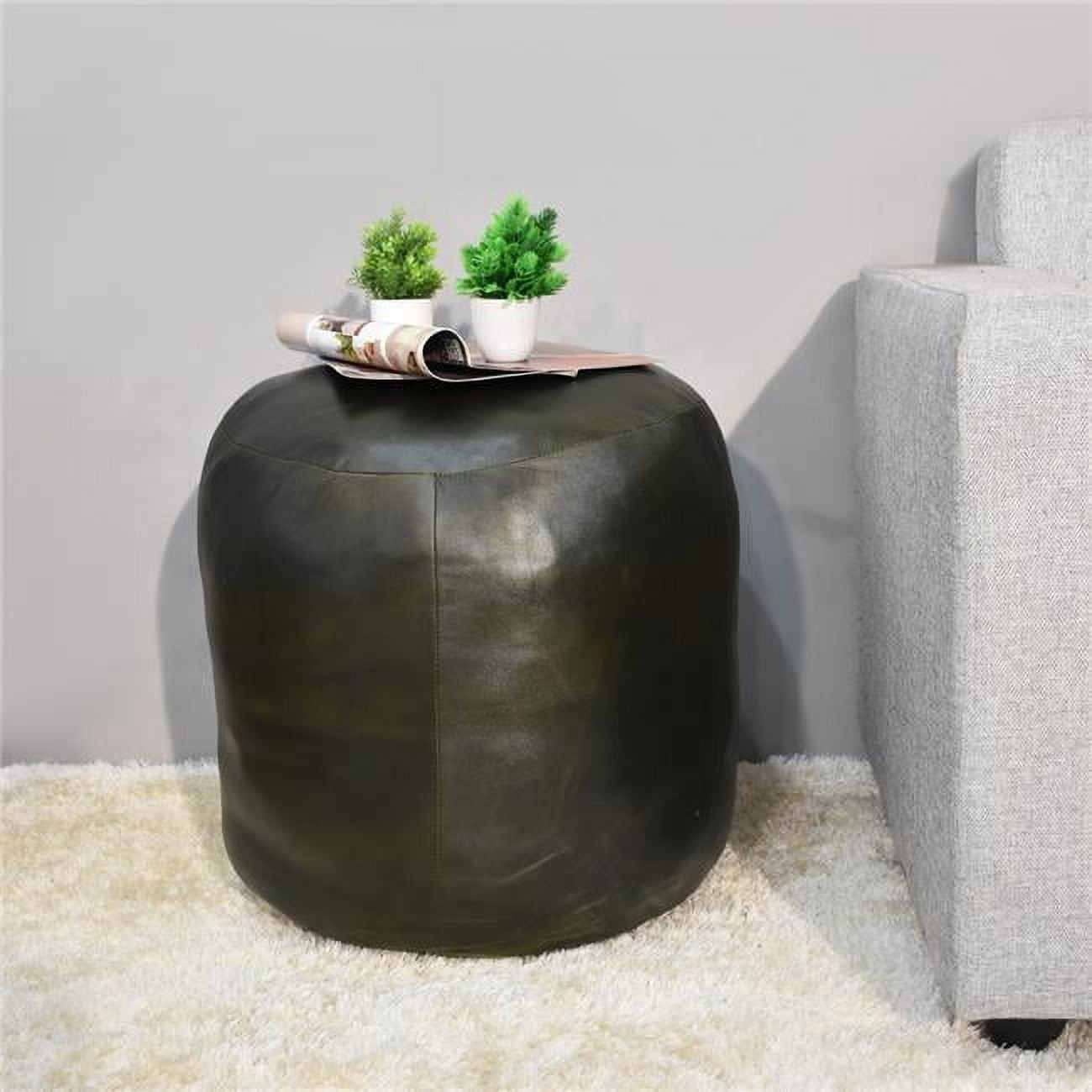 18 x 18 x 18 in. Solid Handmade Goat Leather Round Pouf, Green