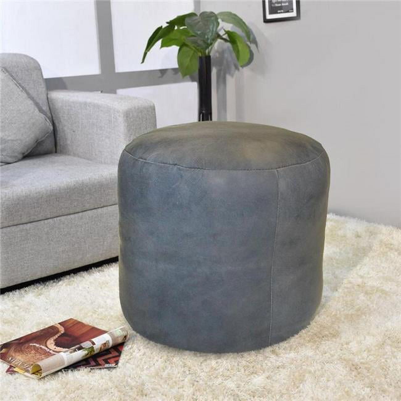 14 x 14 x 14 in. Solid Handmade Goat Leather Round Pouf, Gray