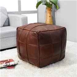 14 x 14 x 14 in. Geometric Handmade Goat Leather Square Pouf, Brown