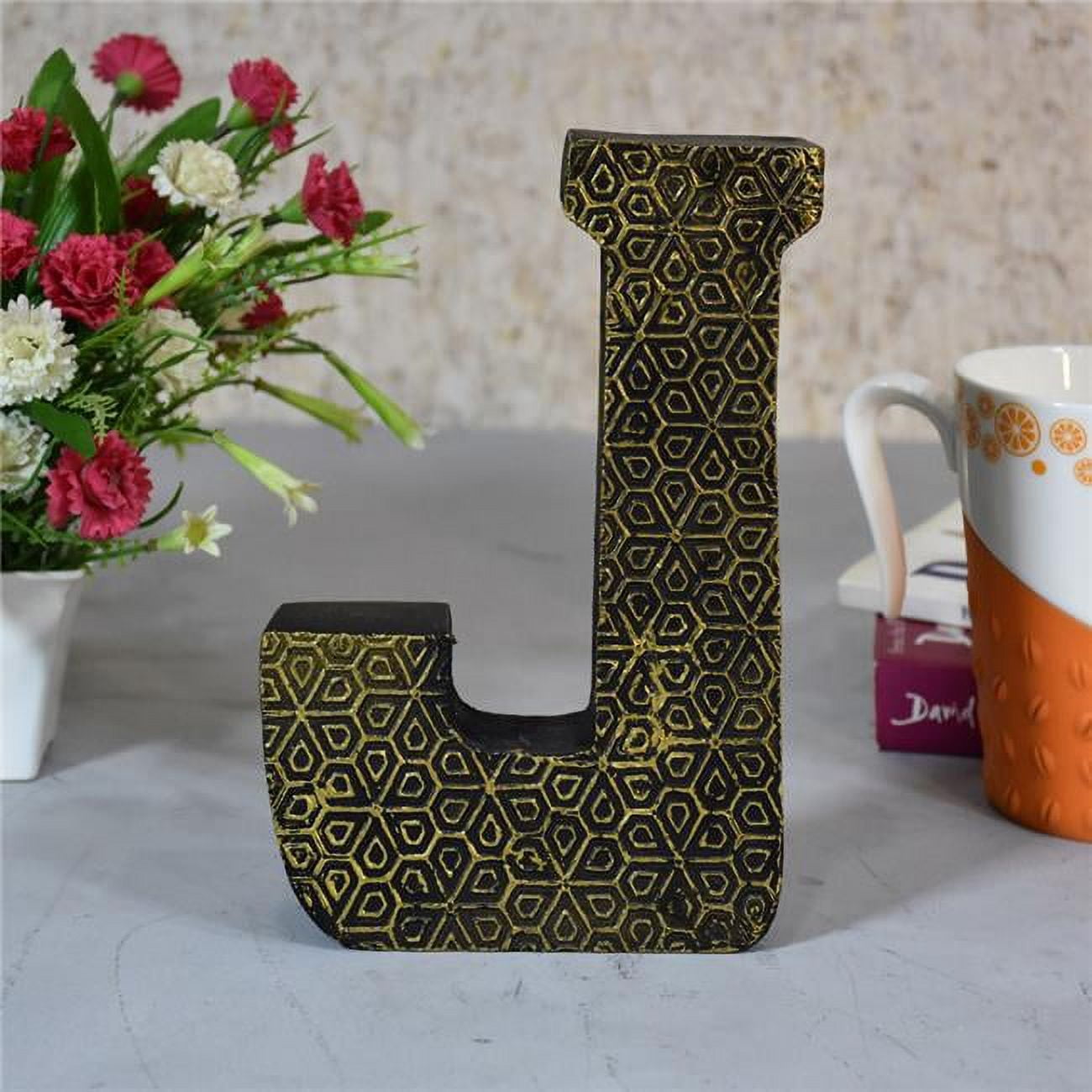 J Alphabet Handmade Letter Block Eco-Friendly Wall Decor, Gold Foiled Antique