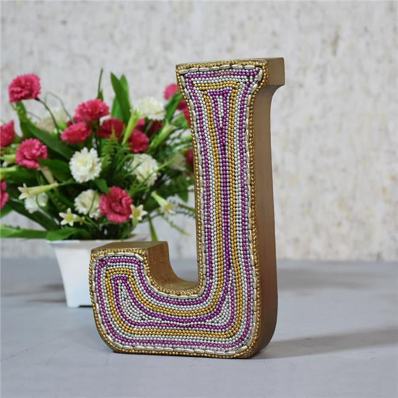 J Alphabet Handmade Letter Block Eco-Friendly Wall Decor, Gold with Zari Work