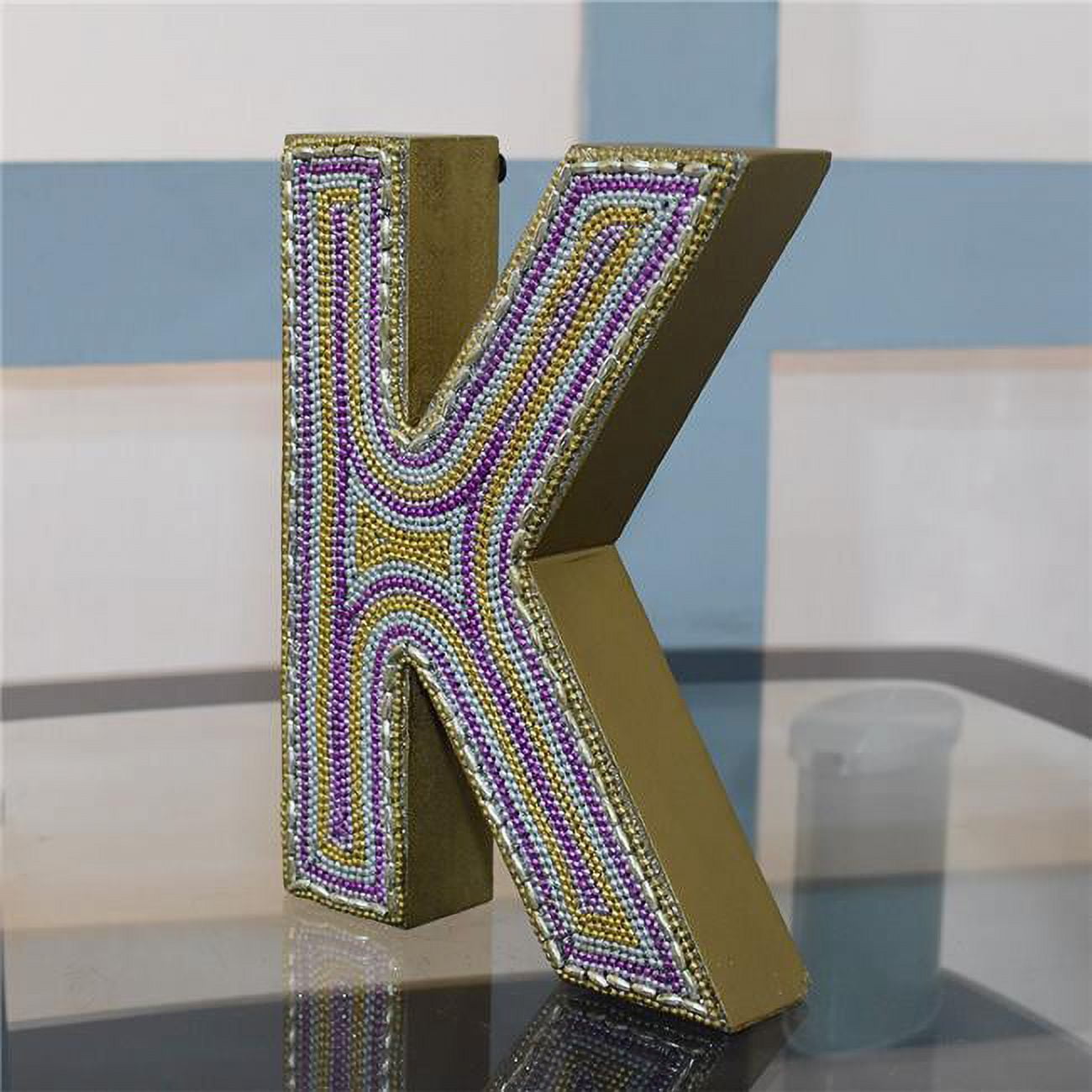 K Alphabet Handmade Letter Block Eco-Friendly Wall Decor, Gold with Zari Work