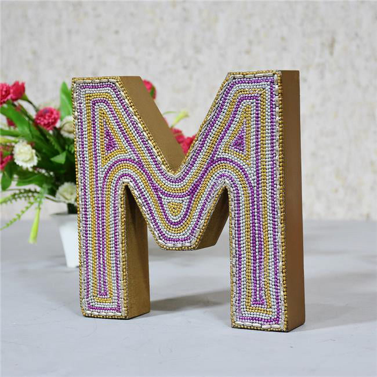 M Alphabet Handmade Letter Block Eco-Friendly Wall Decor, Gold with Zari Work