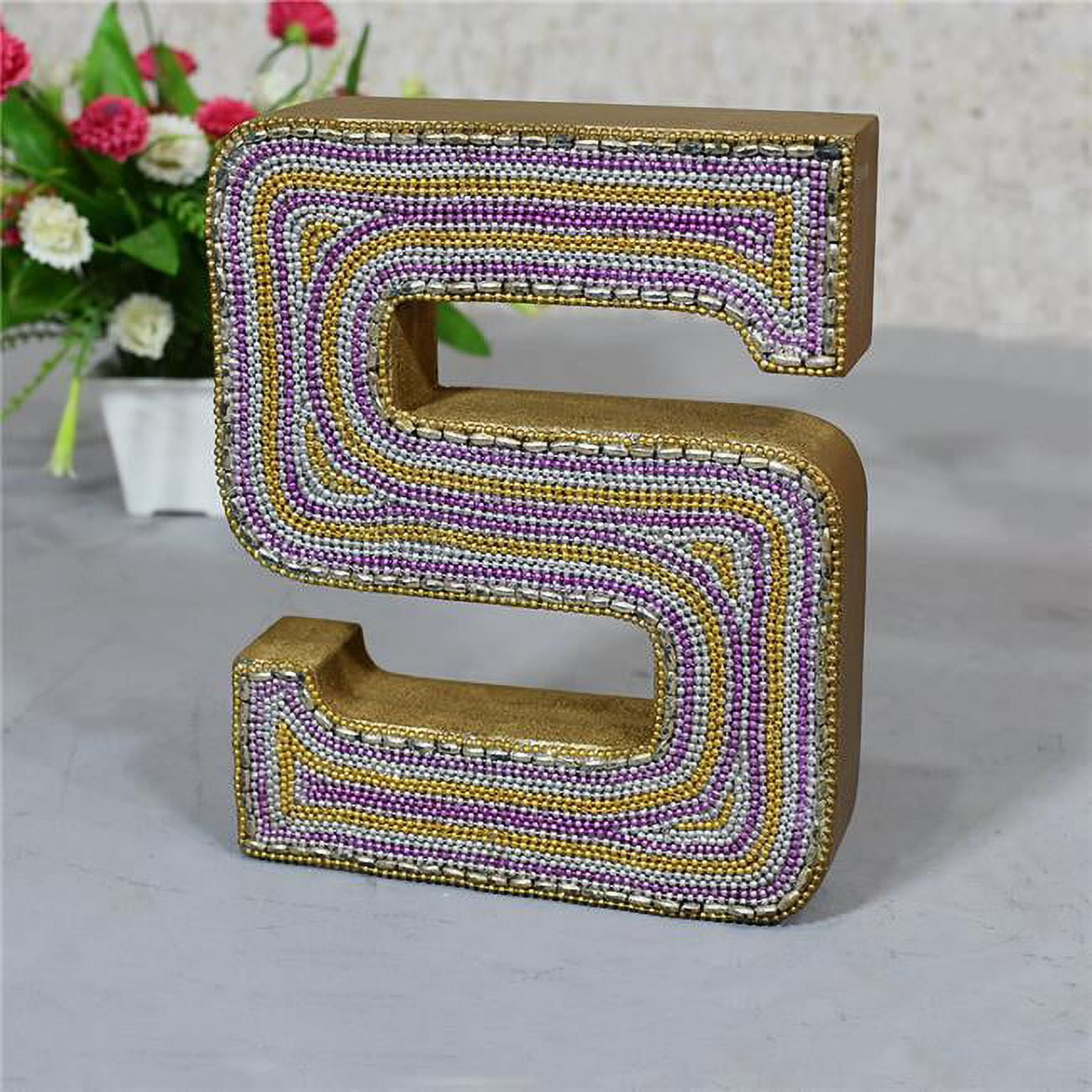 S Alphabet Handmade Letter Block Eco-Friendly Wall Decor, Gold with Zari Work