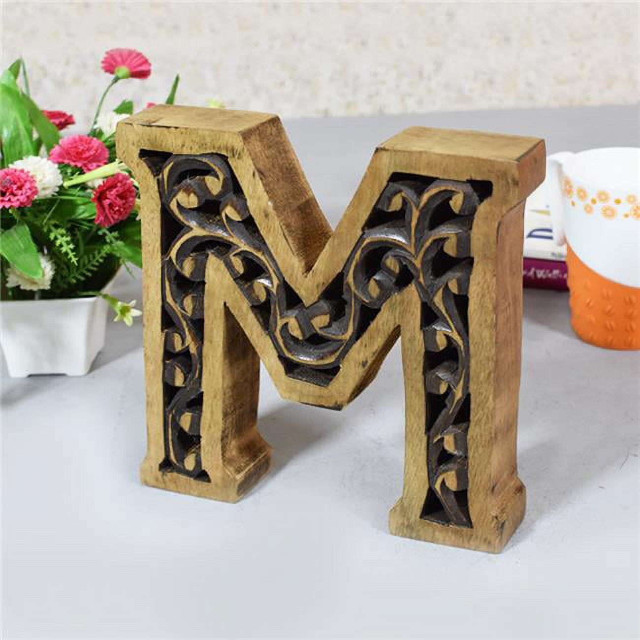 M Alphabet Handmade Letter Block Eco-Friendly Wall Decor, Brown Antique