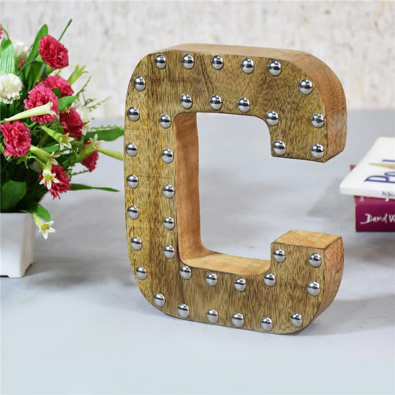 UBBBMH6296SCCHS C Alphabet Handmade Letter Block Eco-Friendly Wall Decor, Natural with Metal Ribbets