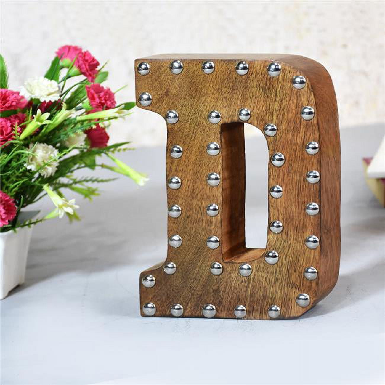 UBBBMH6296SCDHS D Alphabet Handmade Letter Block Eco-Friendly Wall Decor, Natural with Metal Ribbets
