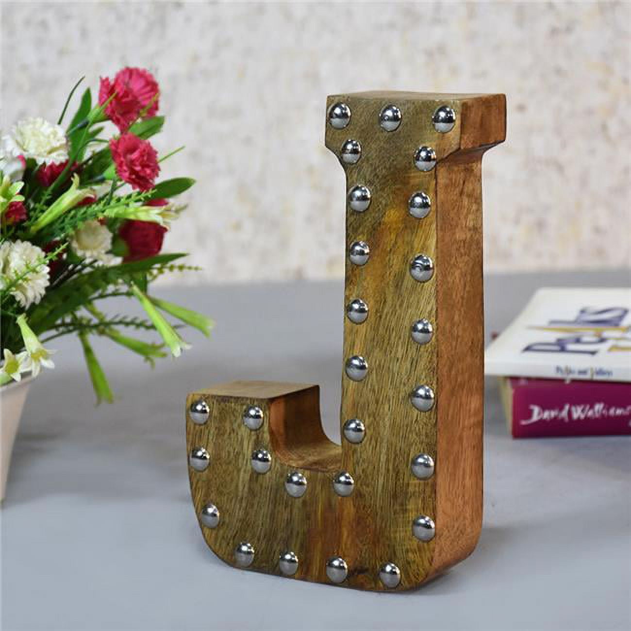 UBBBMH6296SCJHS J Alphabet Handmade Letter Block Eco-Friendly Wall Decor, Natural with Metal Ribbets
