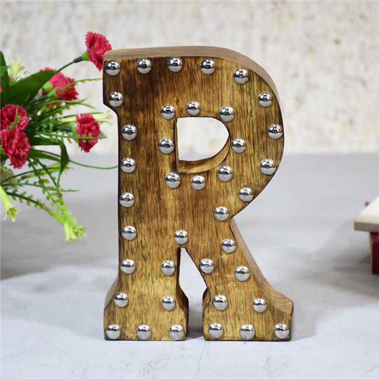 R Alphabet Handmade Letter Block Eco-Friendly Wall Decor, Natural with Metal Ribbets