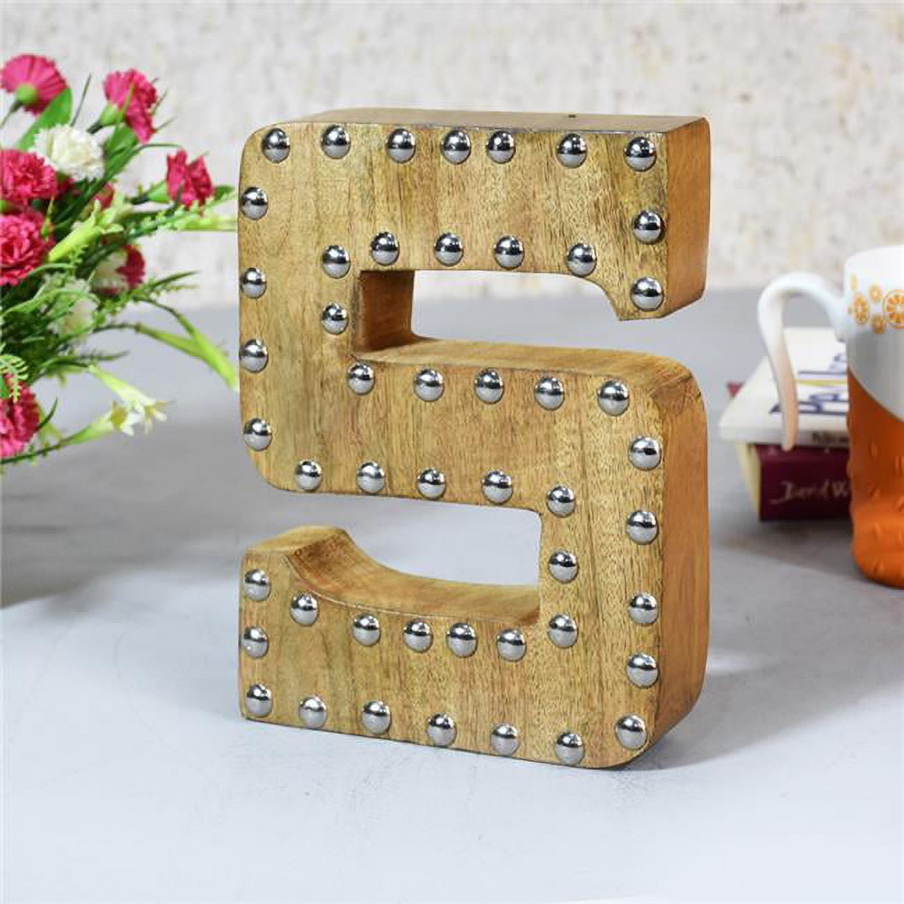 S Alphabet Handmade Letter Block Eco-Friendly Wall Decor, Natural with Metal Ribbets