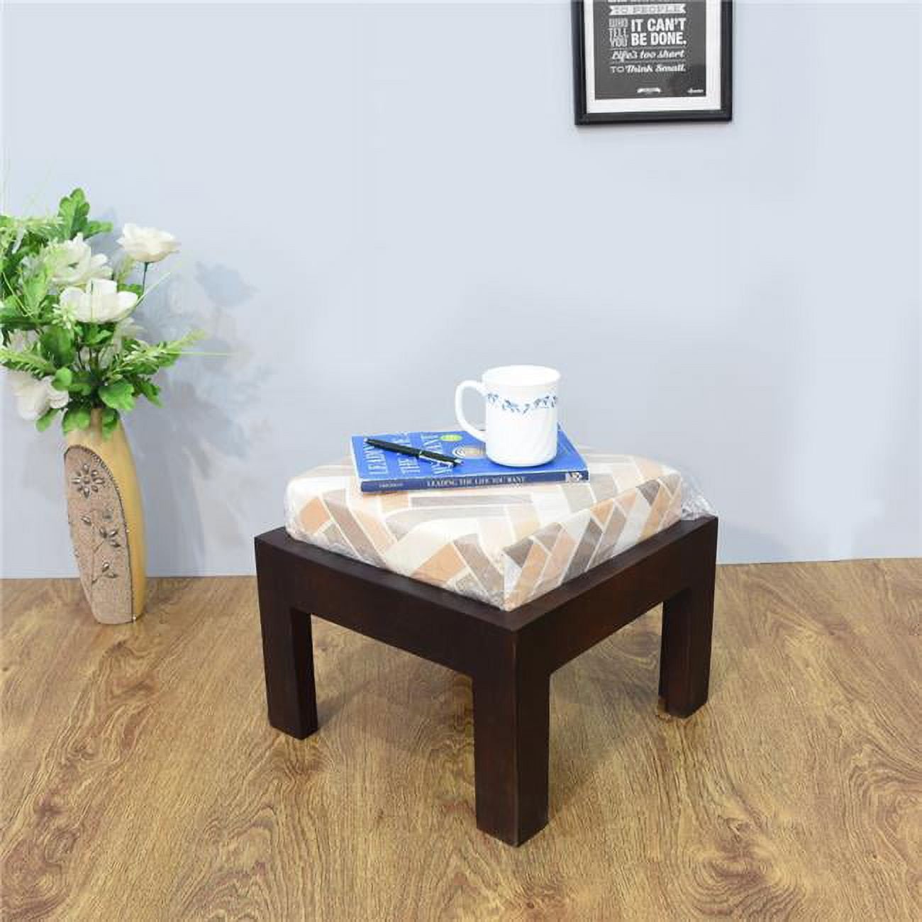 23 x 35 x 35 cm Handmade 100 Percent Mango Wood Rectangular Shaped Indoor Stool with Cushion, Light Walnut