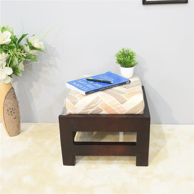 23 x 35 x 35 cm Handmade 100 Percent Mango Wood Rectangular Shaped Indoor Stool with Cushion, Light Walnut
