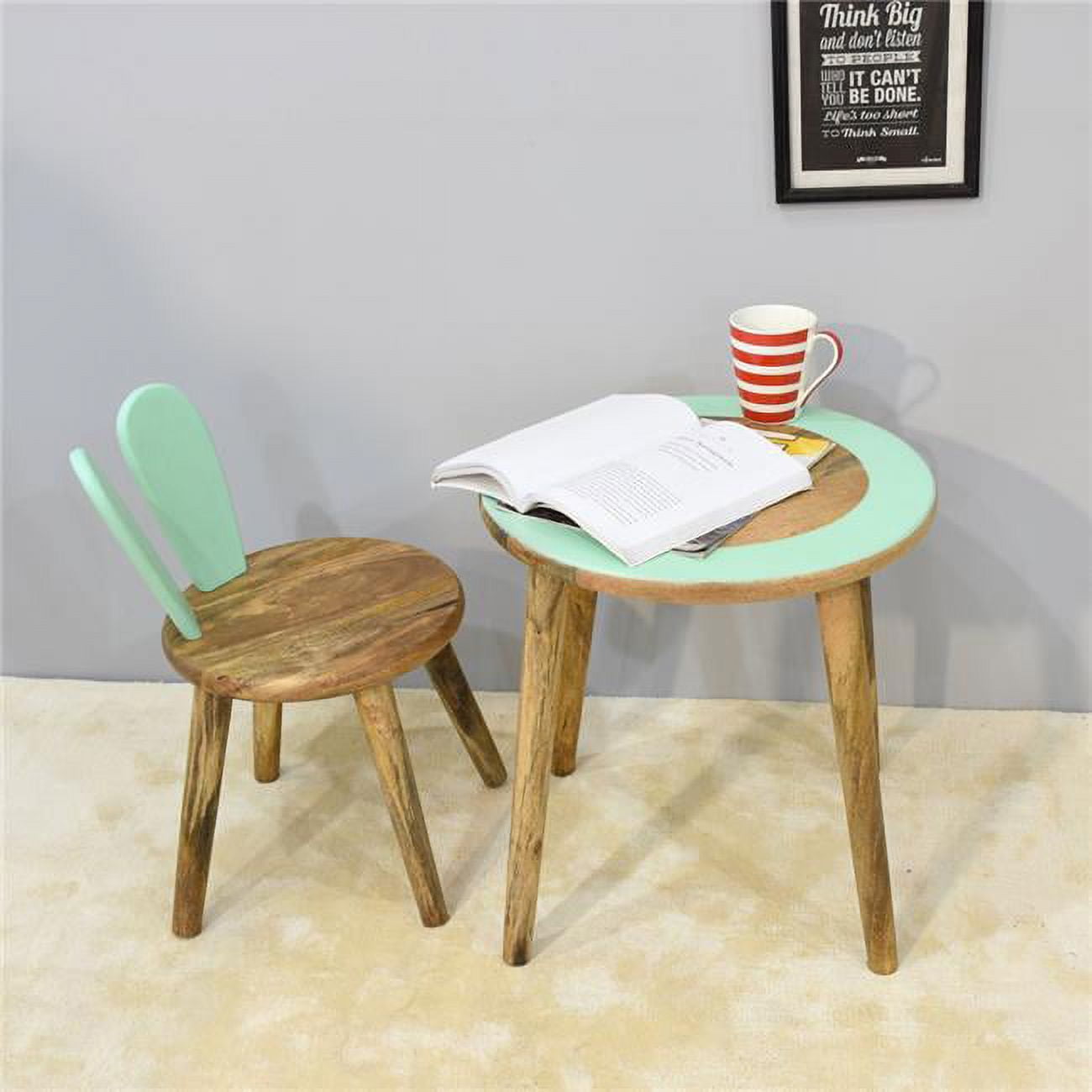Picture of BBH Homes UBBBRSTS0001SC6HS 45 x 43 x 43 cm Handmade 100 Percent Mango Wood Round Shaped Rabbit Theme Indoor Kids Table & Chair&#44; Light Green