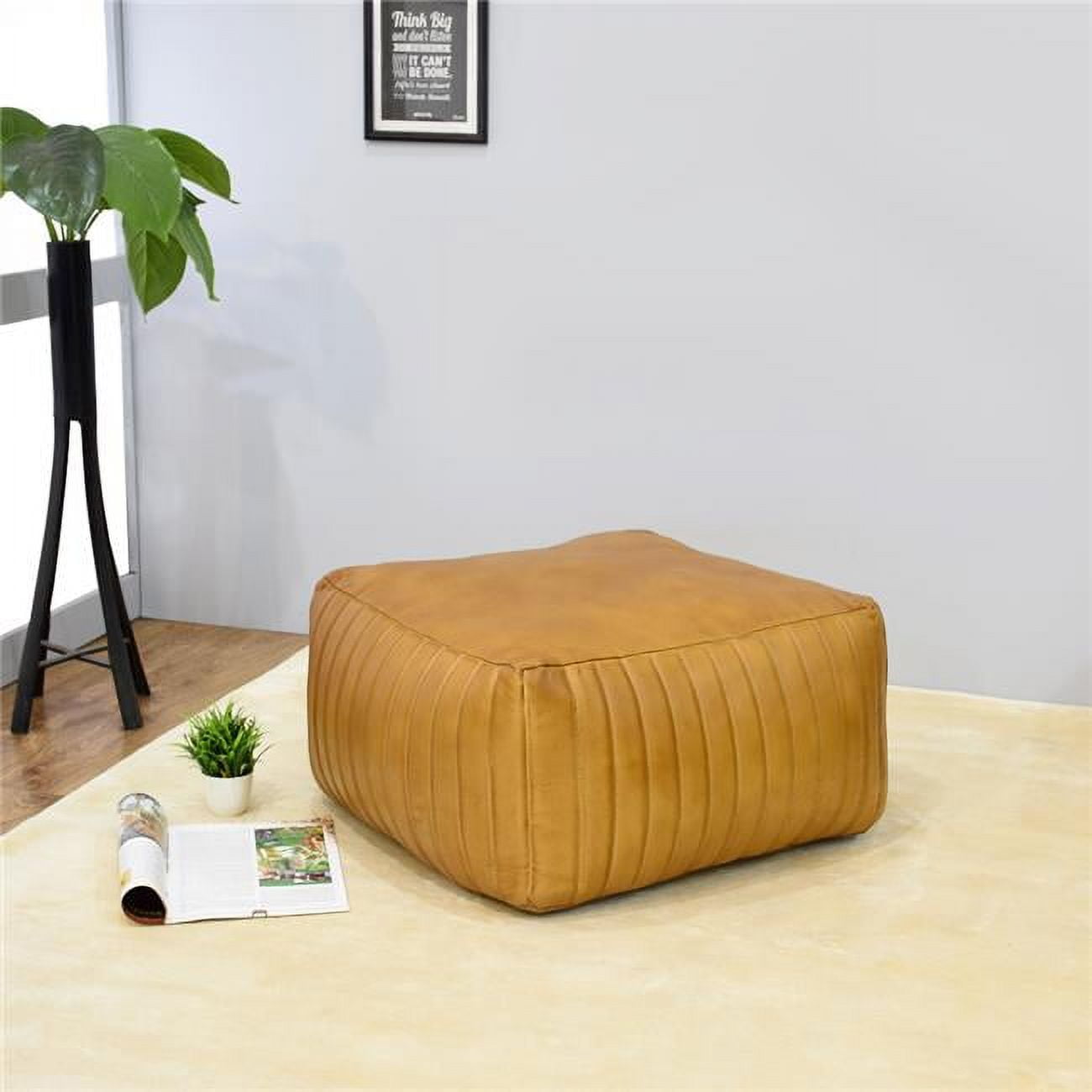 UBBBBACPF08SC01C4HS 16 x 16 x 16 in. Recycled Foam Solid Handmade Leather Square Ottoman Pouf with Fibre Fill, Beige