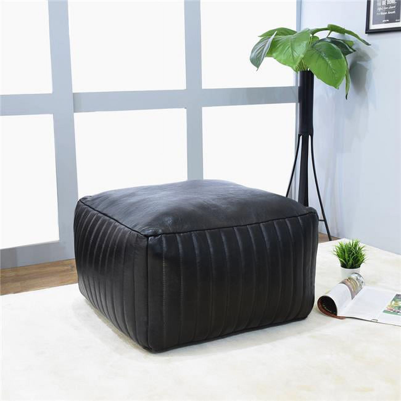 UBBBBACPF08SC02C4HS 16 x 16 x 16 in. Recycled Foam Solid Handmade Leather Square Ottoman Pouf with Fibre Fill, Black