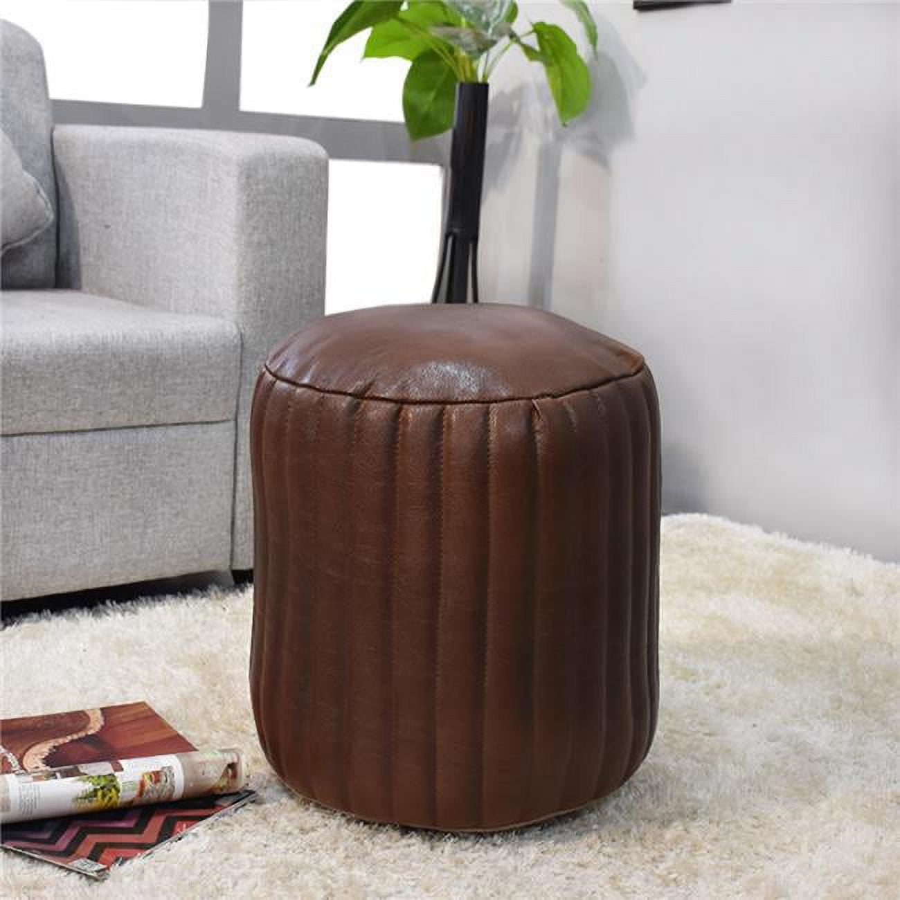 UBBBBACPF08SC04B4HS 16 x 16 x 16 in. Recycled Foam Solid Handmade Leather Round Ottoman Pouf with Fibre Fill, Brown