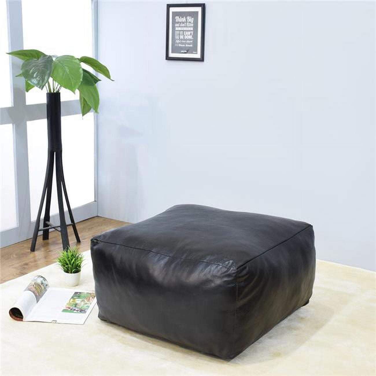 UBBBBACPF12SC02C4HS 16 x 16 x 16 in. Recycled Foam Solid Handmade Leather Square Ottoman Pouf with Fibre Fill, Black