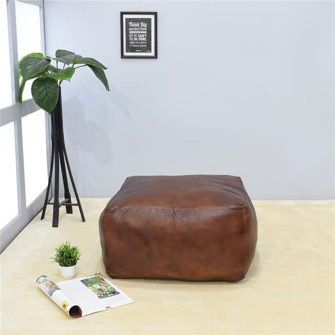 UBBBBACPF12SC04C4HS 16 x 16 x 16 in. Recycled Foam Solid Handmade Leather Square Ottoman Pouf with Fibre Fill, Brown