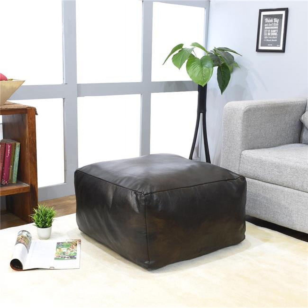 UBBBBACPF12SC04YC4HS 16 x 16 x 16 in. Recycled Foam Solid Handmade Leather Square Ottoman Pouf with Fibre Fill, Chocolate Brown