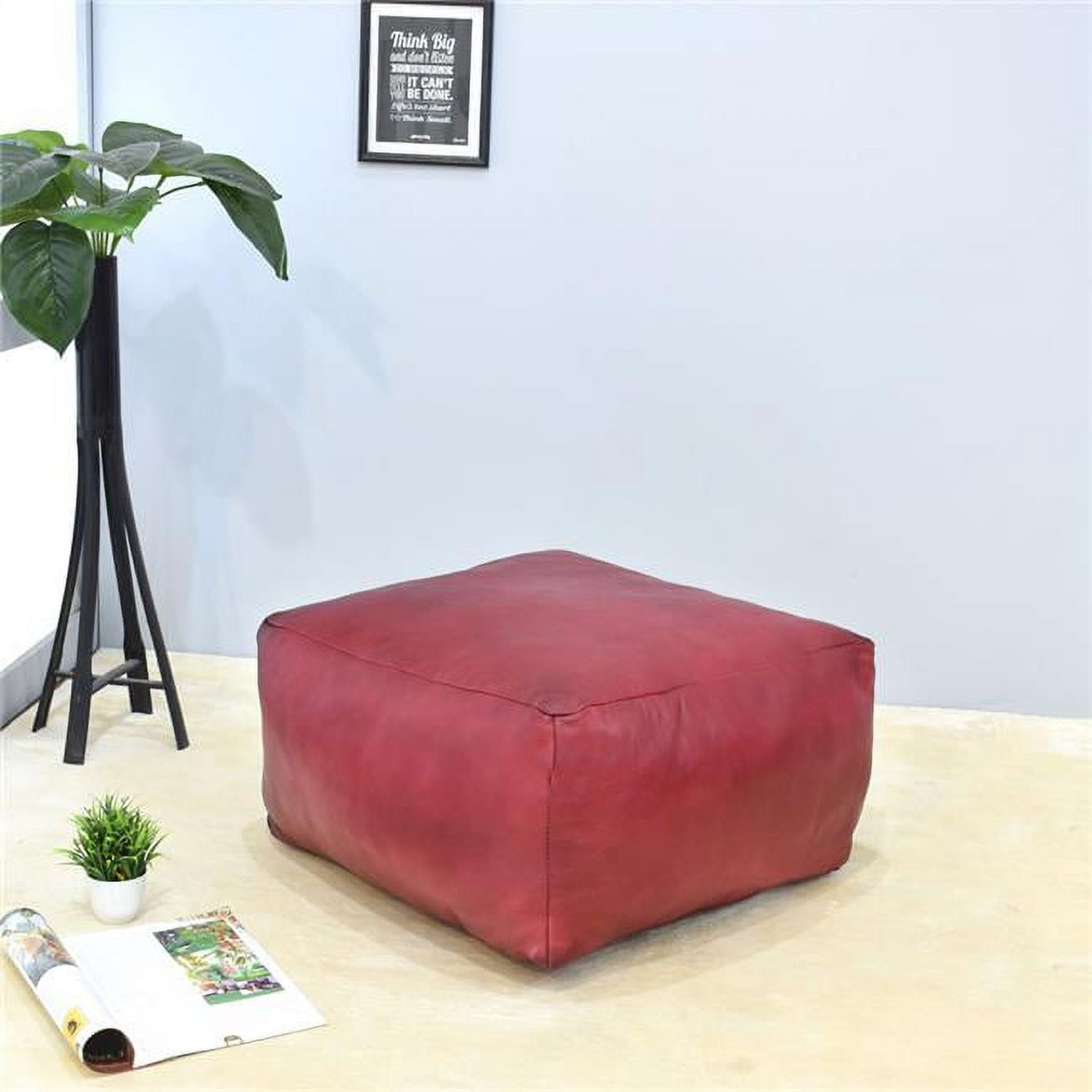 UBBBBACPF12SC11YC3HS 21 x 21 x 12 in. Recycled Foam Solid Handmade Leather Square Ottoman Pouf with Fibre Fill, Dark Pink