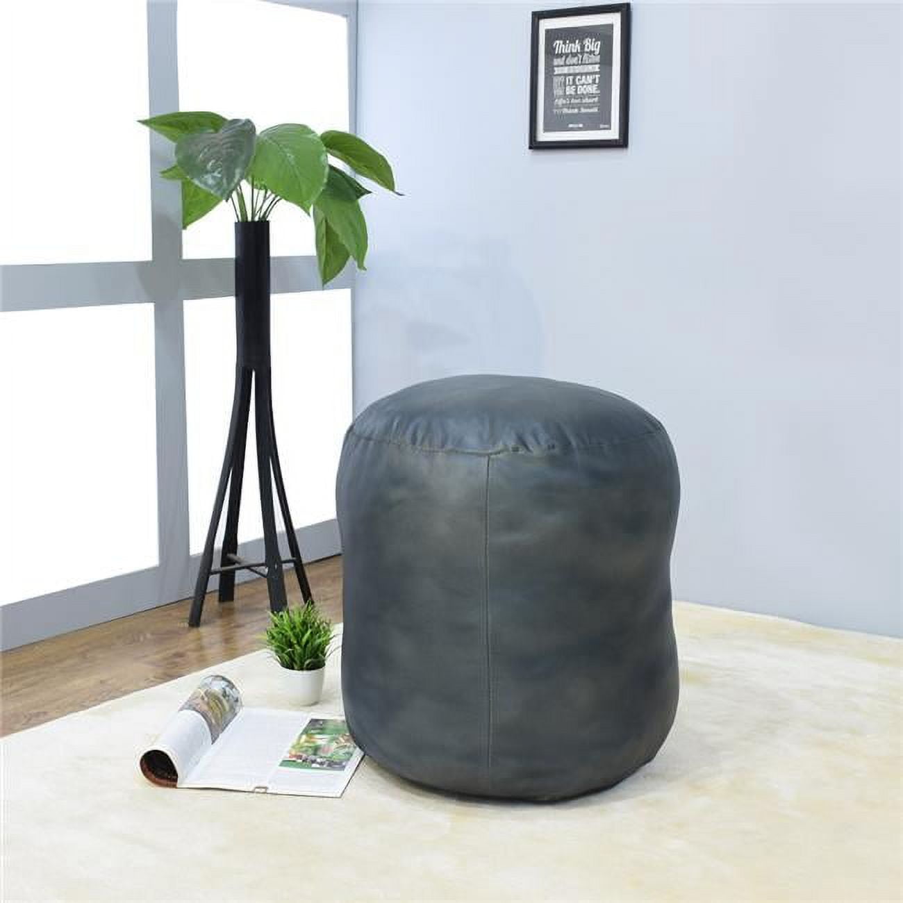UBBBBACPF12SC14B4HS 16 x 16 x 16 in. Recycled Foam Solid Handmade Leather Round Ottoman Pouf with Fibre Fill, Gray