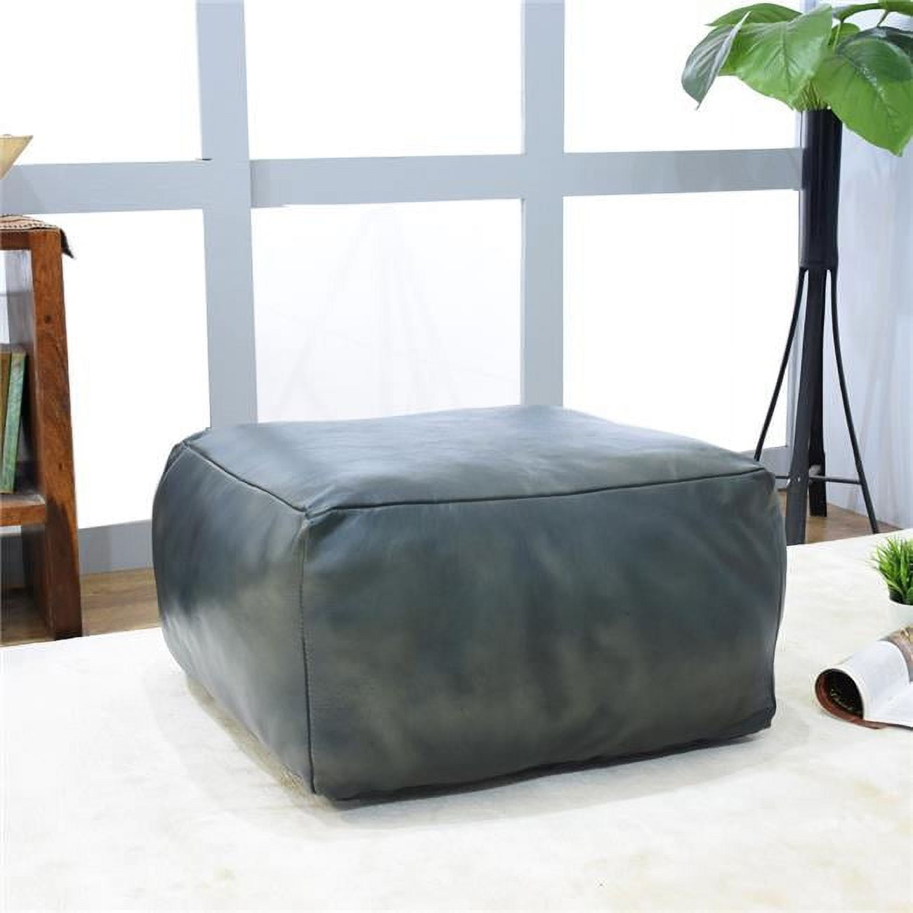 UBBBBACPF12SC14C4HS 16 x 16 x 16 in. Recycled Foam Solid Handmade Leather Square Ottoman Pouf with Fibre Fill, Gray