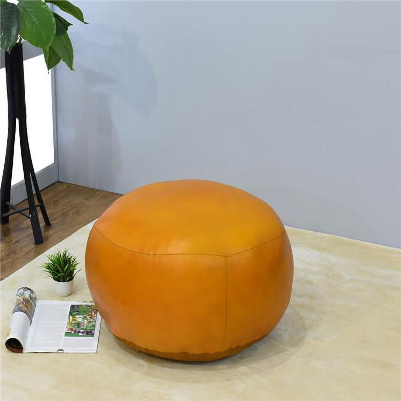 21 x 21 x 12 in. Recycled Foam Solid Handmade Leather Round Ottoman Pouf with Fibre Fill, Mustard
