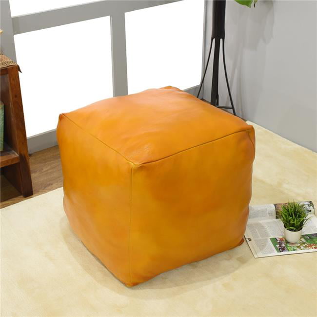 UBBBBACPF12SC49C2HS 14 x 14 x 14 in. Recycled Foam Solid Handmade Leather Square Ottoman Pouf with Fibre Fill, Mustard
