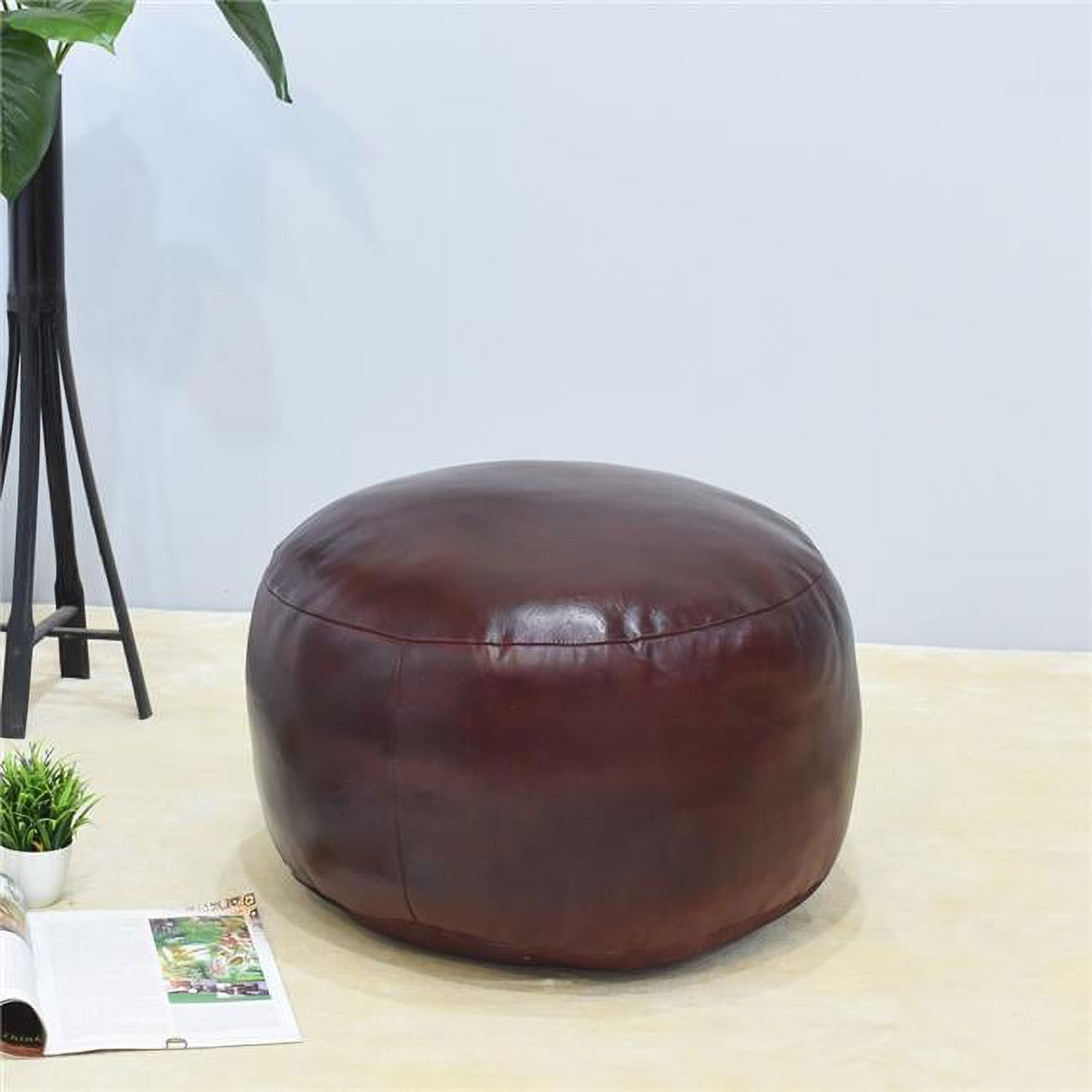 21 x 21 x 12 in. Recycled Foam Solid Handmade Leather Round Ottoman Pouf with Fibre Fill, Cherry