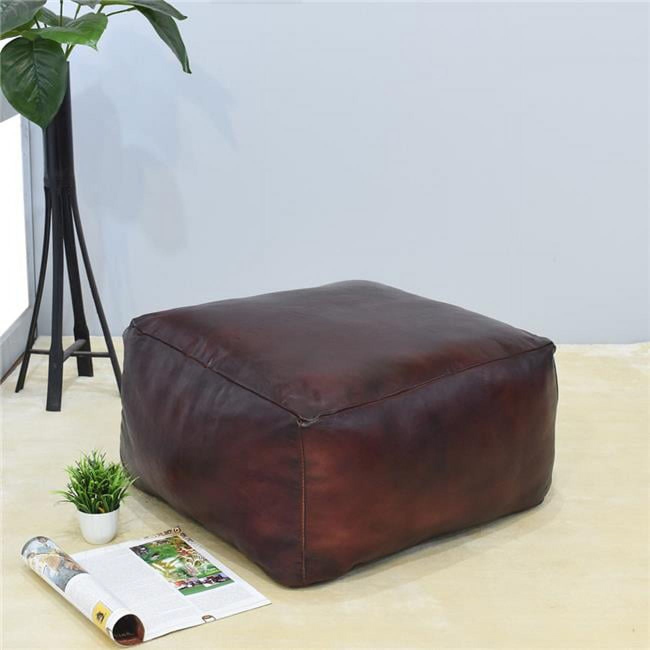 UBBBBACPF12SC50C3HS 21 x 21 x 12 in. Recycled Foam Solid Handmade Leather Square Ottoman Pouf with Fibre Fill, Cherry