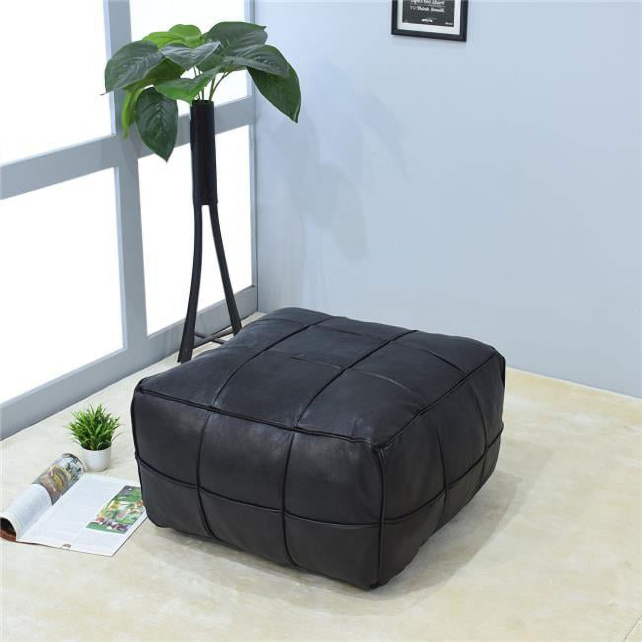21 x 21 x 12 in. Recycled Foam Geometric Handmade Leather Square Ottoman Pouf with Fibre Fill, Black