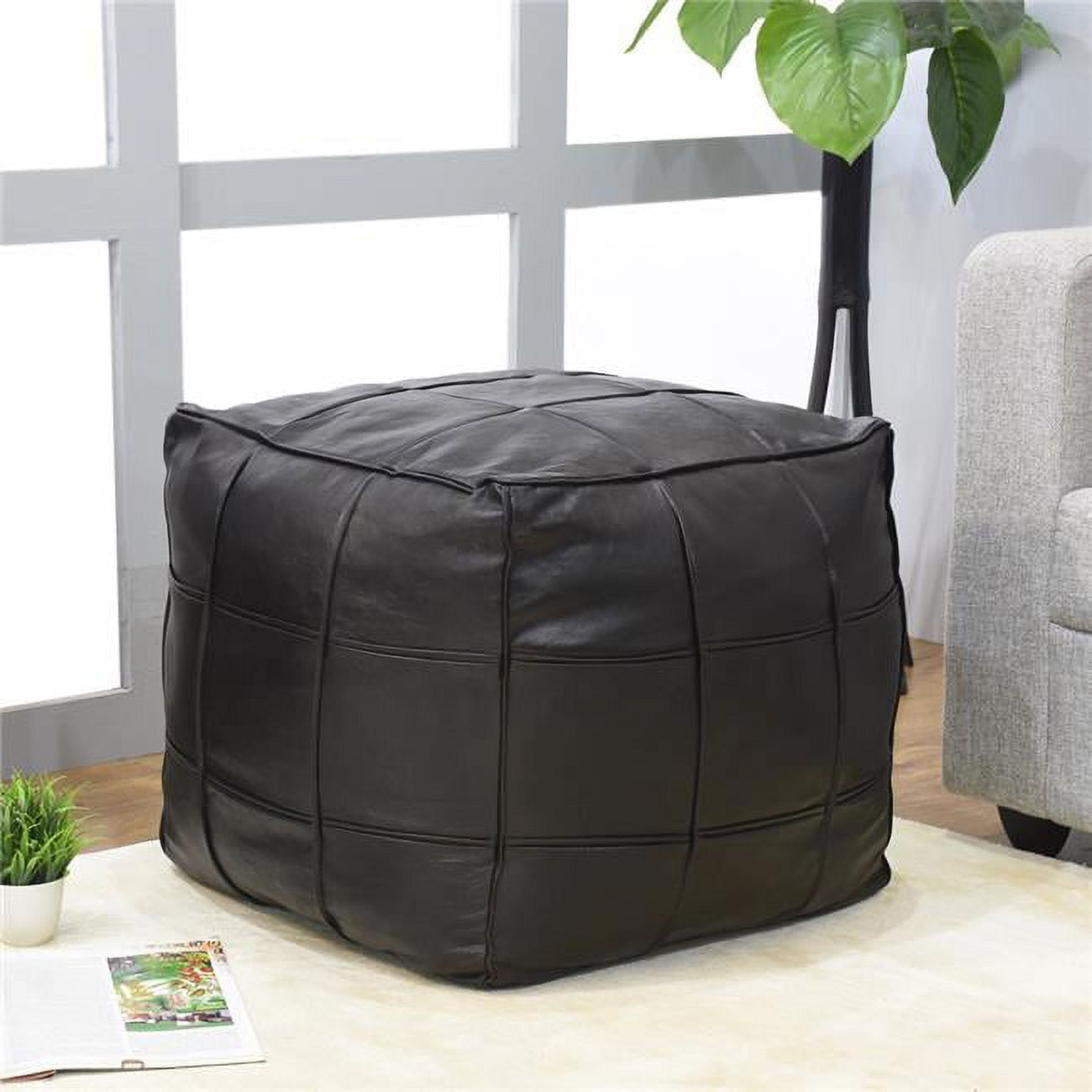 16 x 16 x 16 in. Recycled Foam Geometric Handmade Leather Square Ottoman Pouf with Fibre Fill, Black