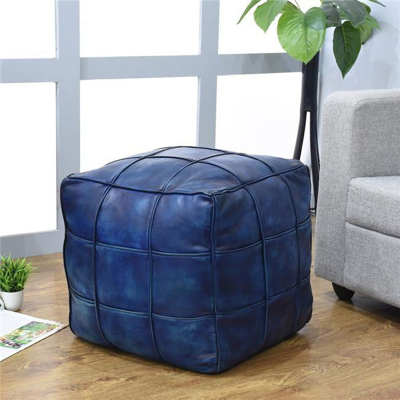 18 x 18 x 18 in. Recycled Foam Geometric Handmade Leather Square Ottoman Pouf with Fibre Fill, Vintage Blue