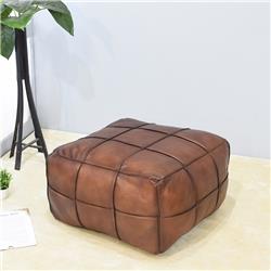 16 x 16 x 16 in. Recycled Foam Geometric Handmade Leather Square Ottoman Pouf with Fibre Fill, Brown