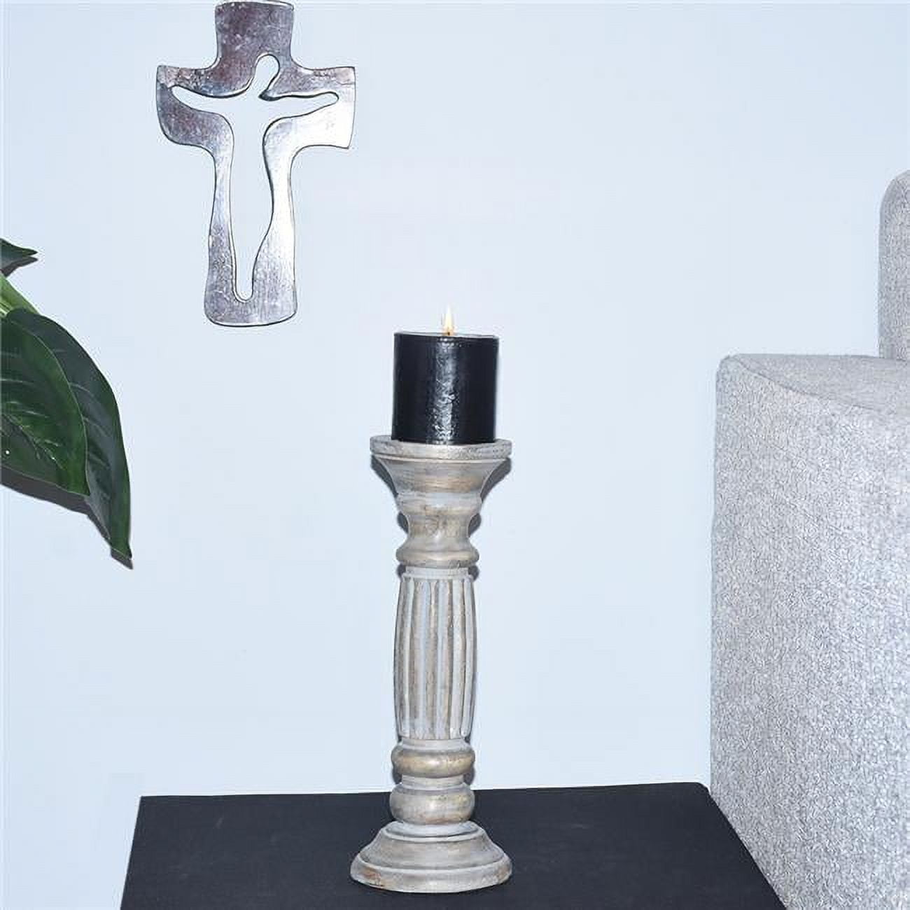 UBBBWA1987SCA3HS 12 in. Traditional Eco-friendly Handmade Mango Wood Pillar Candle Holder, Antique Dusk