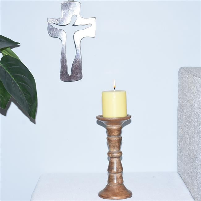UBBBWA203SCG2HS 9 in. Traditional Eco-friendly Handmade Mango Wood Pillar Candle Holder, Wallnut