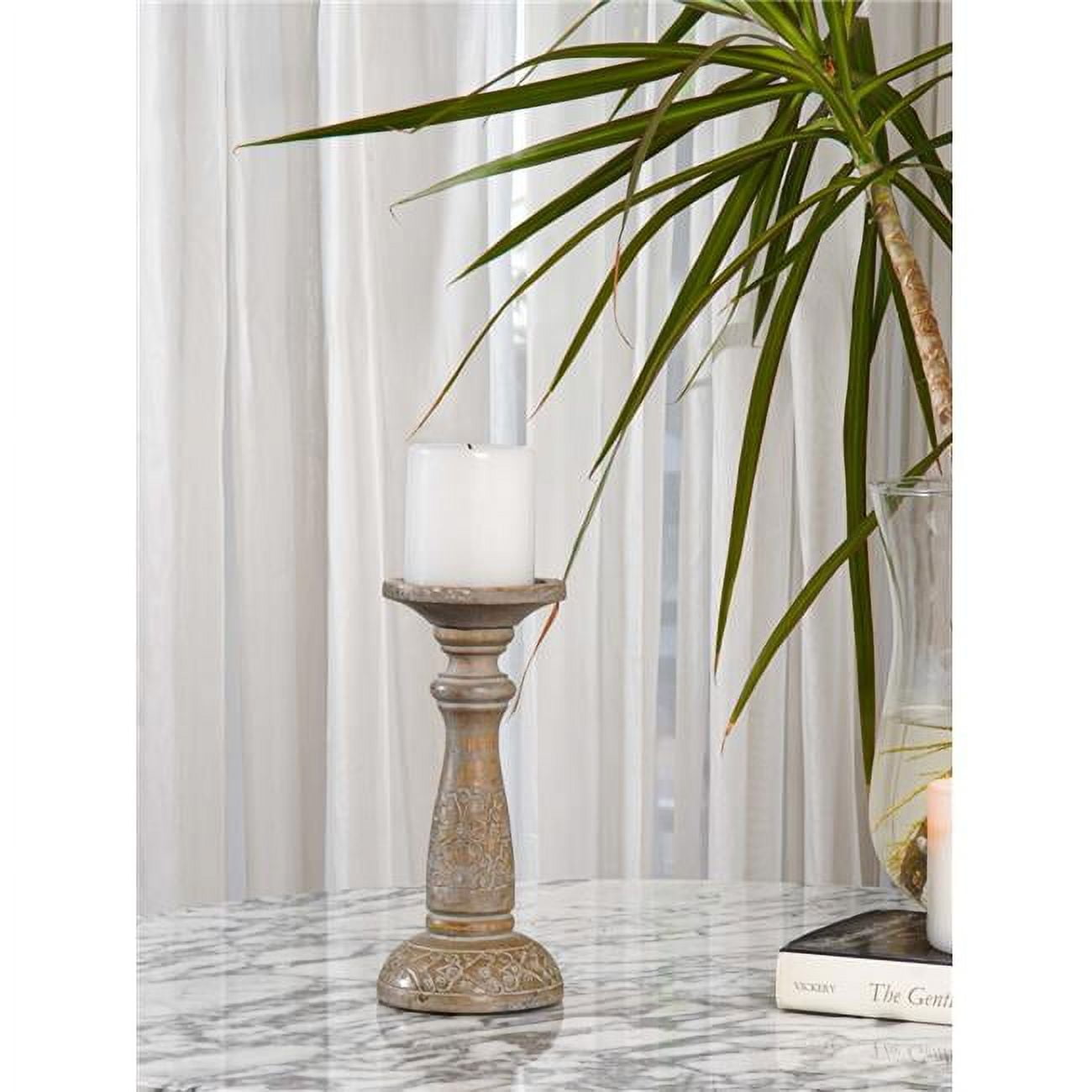 UBBBWA405SCF2HS 9 in. Traditional Eco-friendly Handmade Mango Wood Pillar Candle Holder, Gray Wash