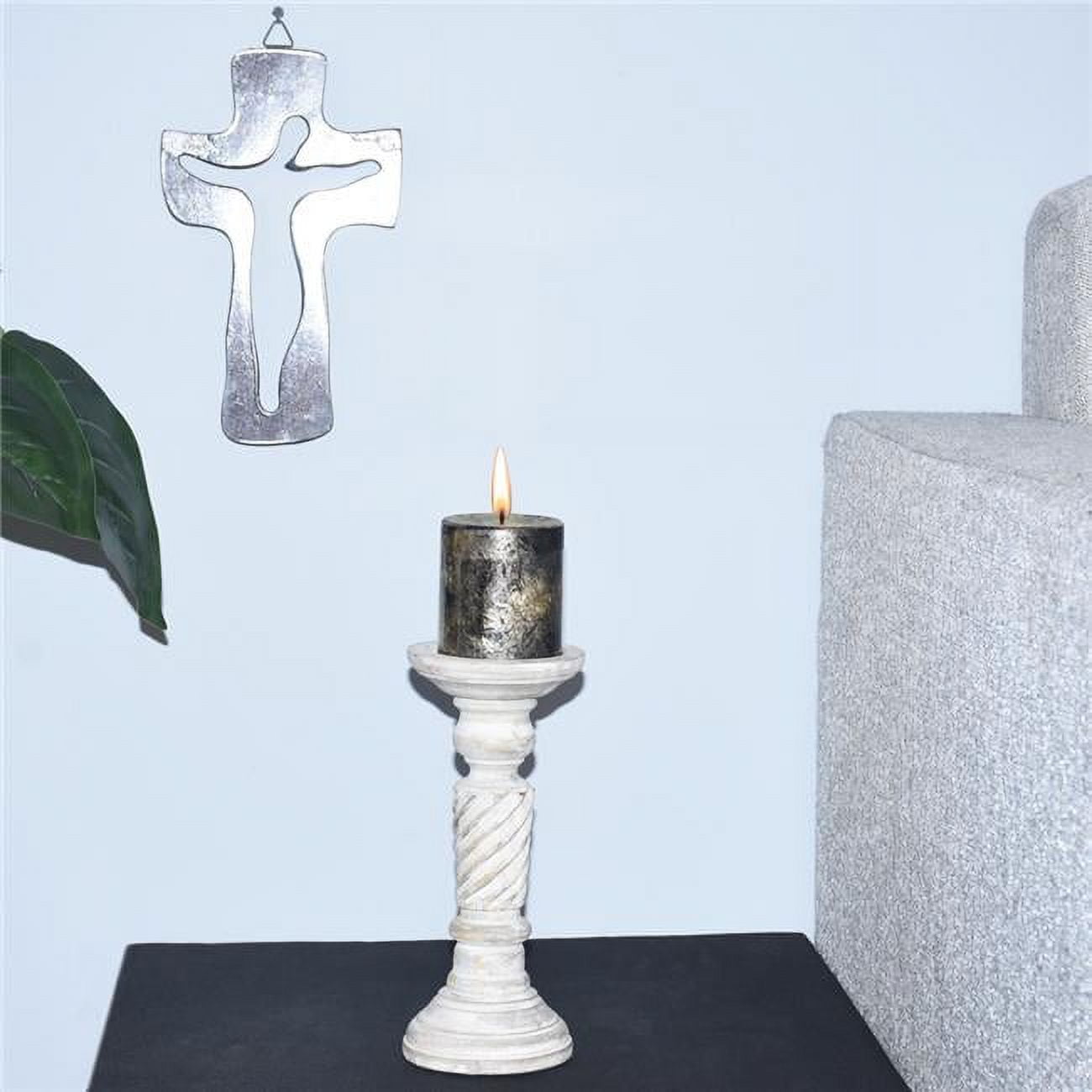 UBBBWA556SCD2HS 9 in. Traditional Eco-friendly Handmade Mango Wood Pillar Candle Holder, Antique White
