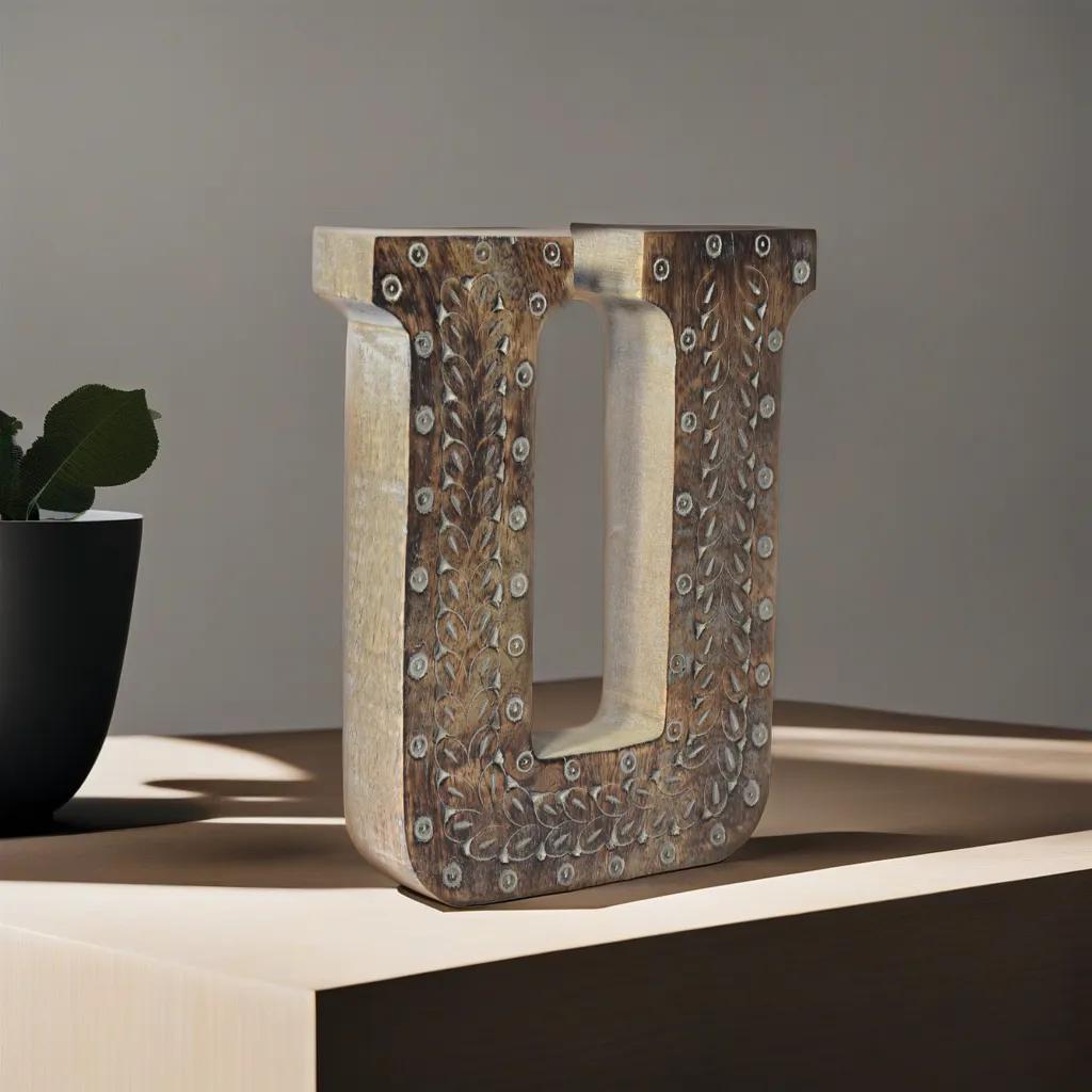 UBBBMH6236SC2UHS Handmade Eco-Friendly Wall Mount & Table Top Decor Gray Antique U Wood Alphabet Letter Block