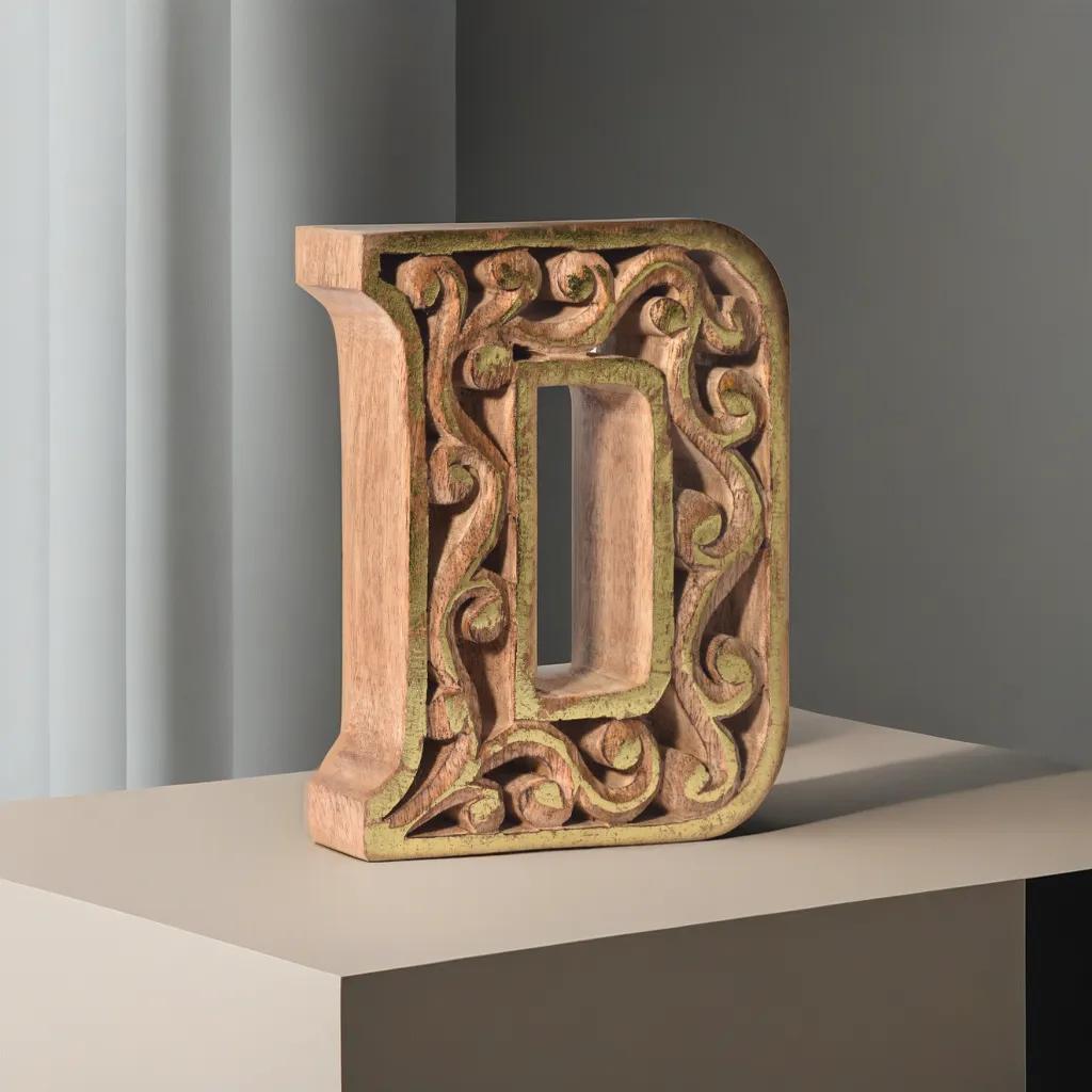 Handmade Eco-Friendly Wall Mount & Table Top Decor Natural-Gold Foil D Wood Alphabet Letter Block