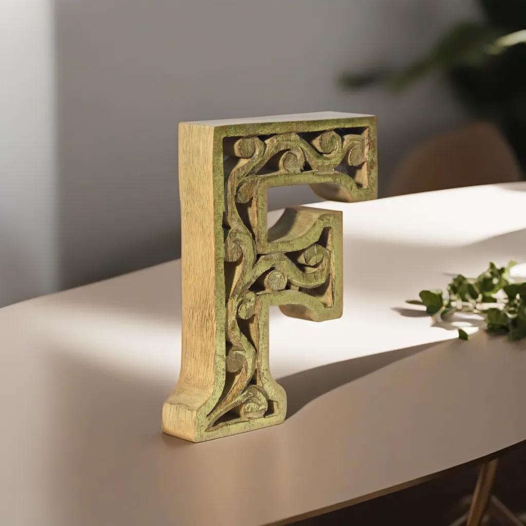 UBBBMH6284SC2FHS Handmade Eco-Friendly Wall Mount & Table Top Decor Natural-Gold Foil F Wood Alphabet Letter Block