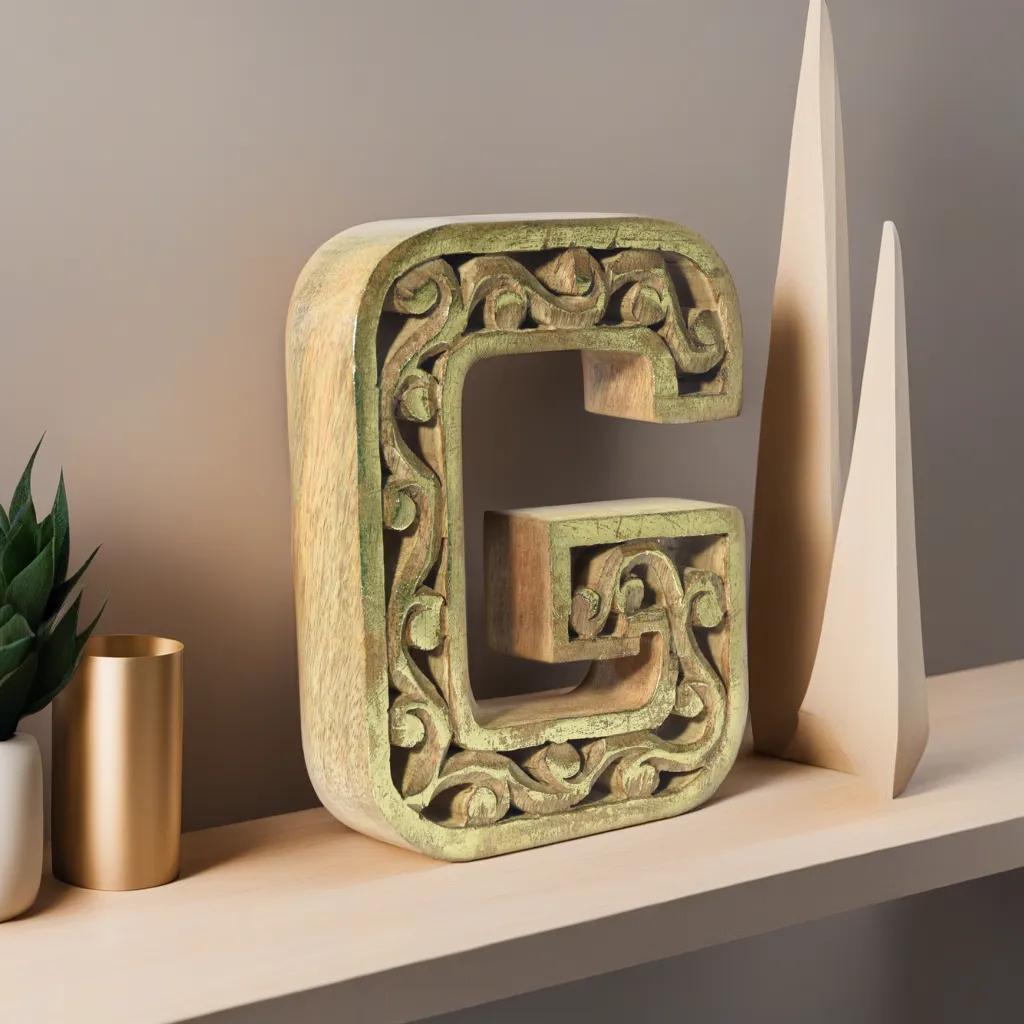 Handmade Eco-Friendly Wall Mount & Table Top Decor Natural-Gold Foil G Wood Alphabet Letter Block