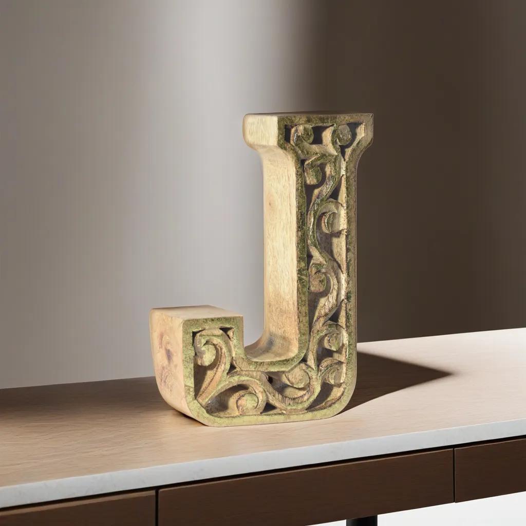 Handmade Eco-Friendly Wall Mount & Table Top Decor Natural-Gold Foil J Wood Alphabet Letter Block