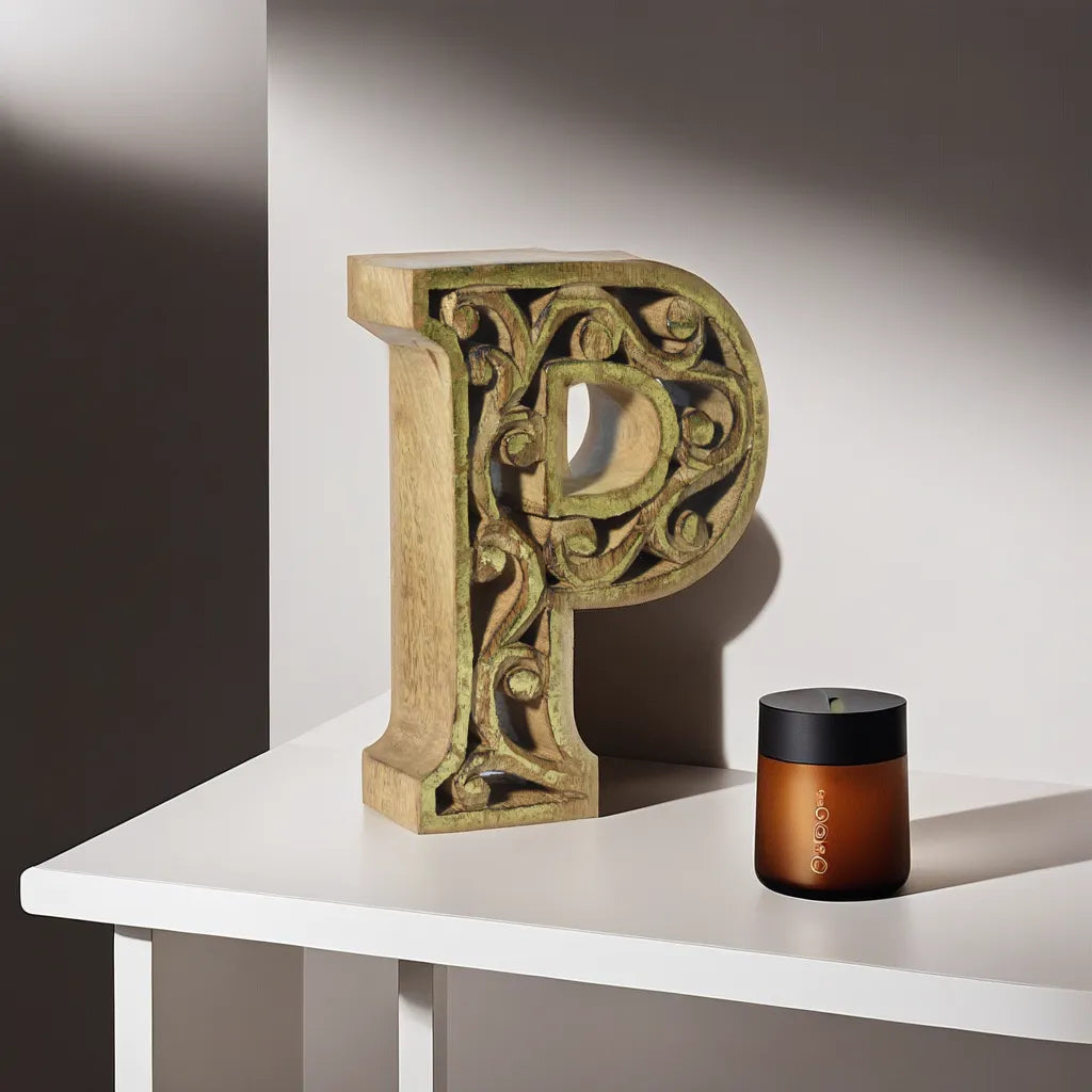 Handmade Eco-Friendly Wall Mount & Table Top Decor Natural-Gold Foil P Wood Alphabet Letter Block