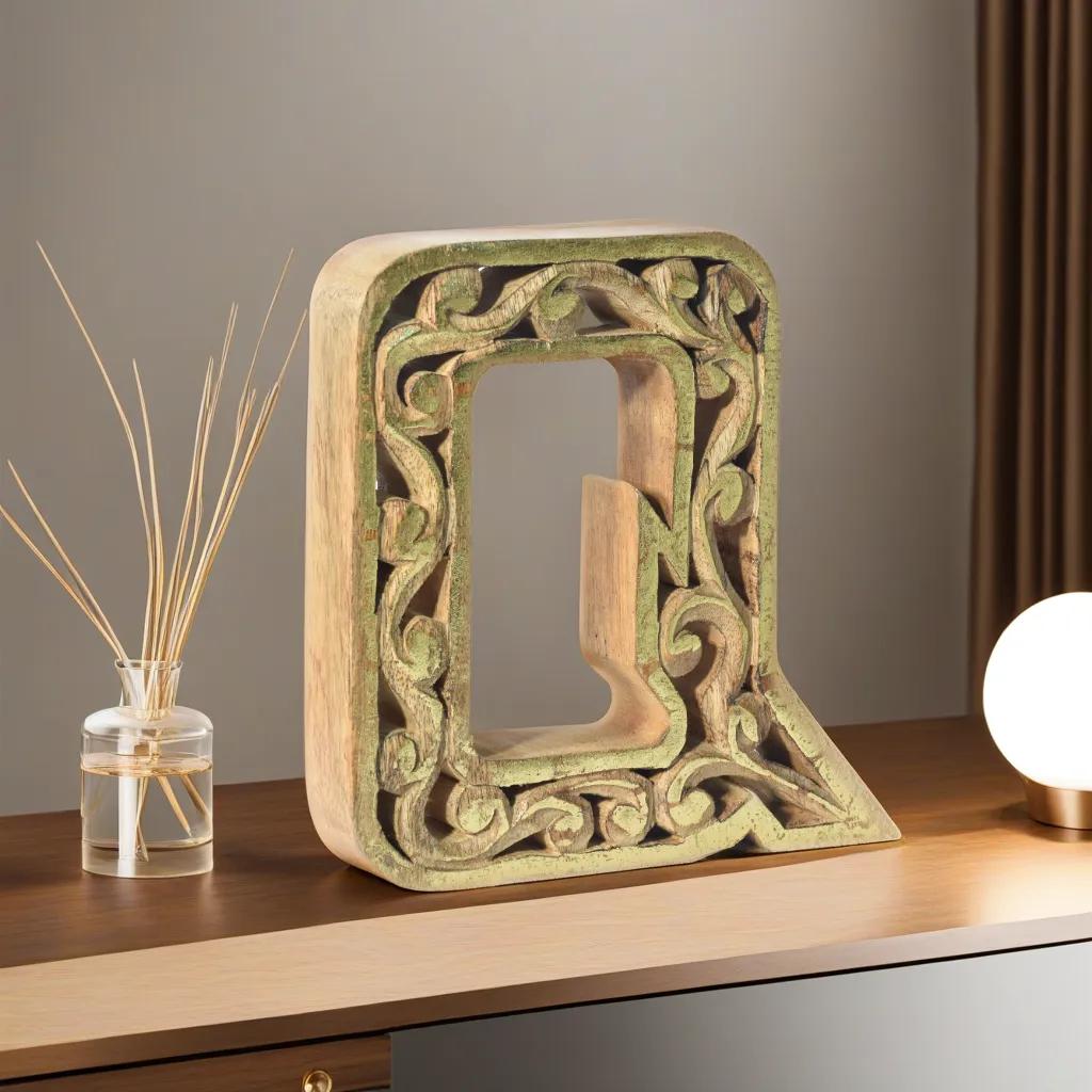 Handmade Eco-Friendly Wall Mount & Table Top Decor Natural-Gold Foil Q Wood Alphabet Letter Block
