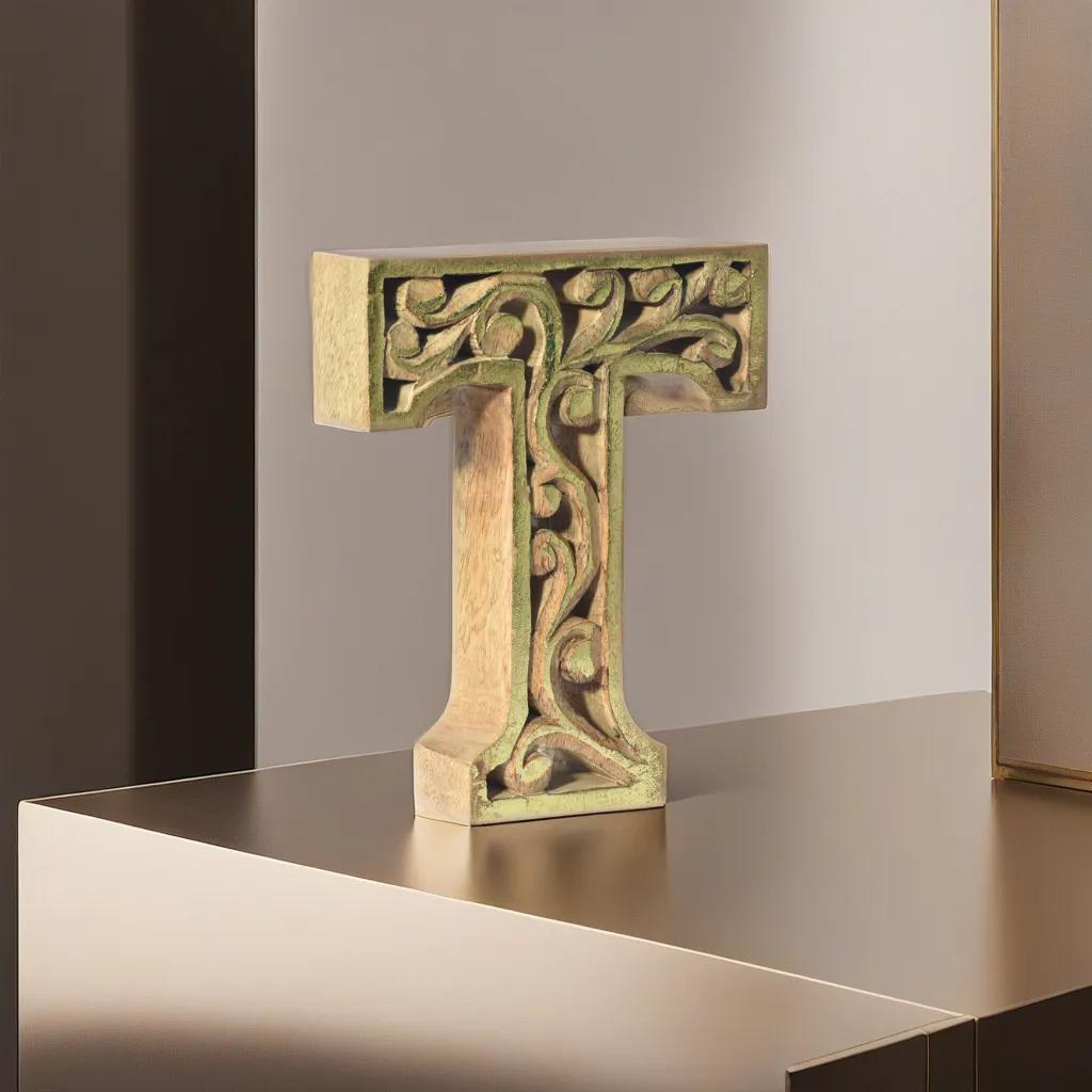 Handmade Eco-Friendly Wall Mount & Table Top Decor Natural-Gold Foil T Wood Alphabet Letter Block