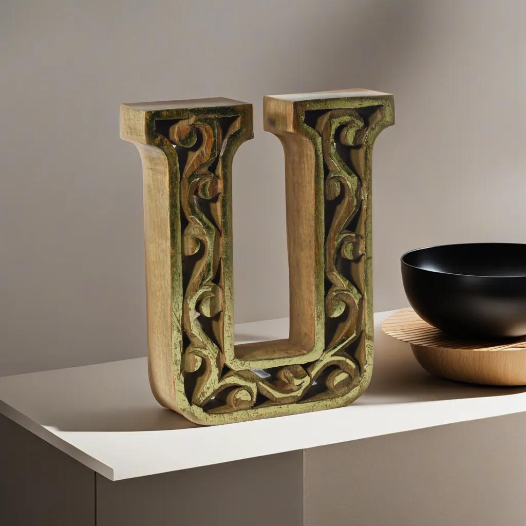 Handmade Eco-Friendly Wall Mount & Table Top Decor Natural-Gold Foil U Wood Alphabet Letter Block