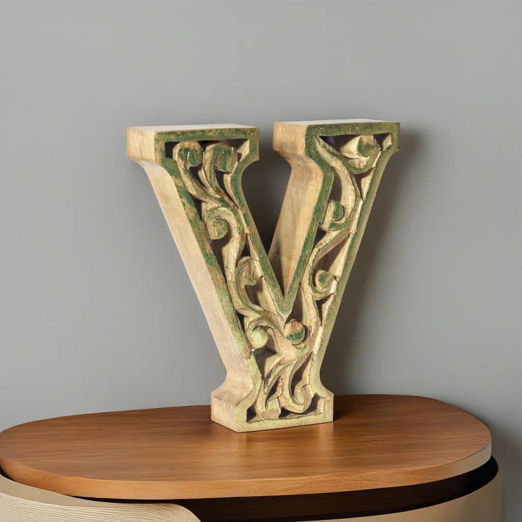 Handmade Eco-Friendly Wall Mount & Table Top Decor Natural-Gold Foil V Wood Alphabet Letter Block