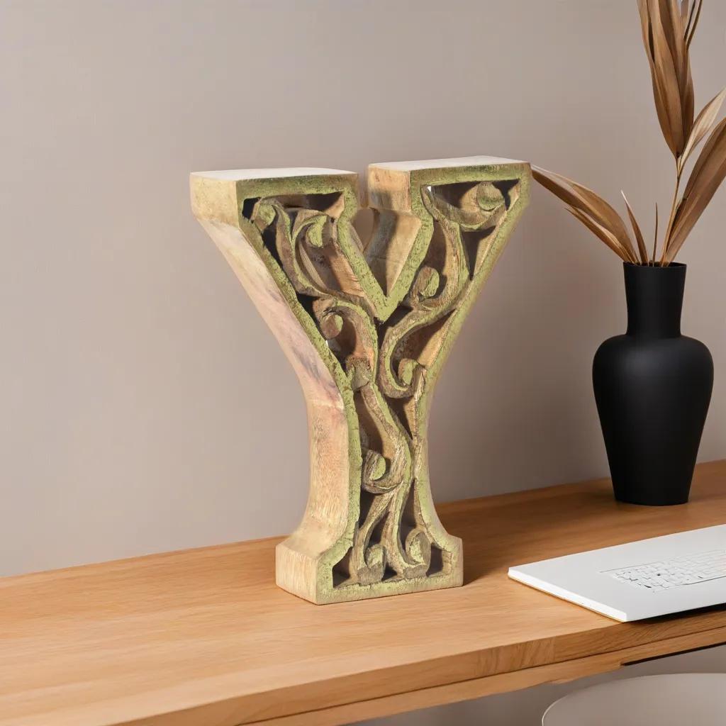 UBBBMH6284SC2YHS Handmade Eco-Friendly Wall Mount & Table Top Decor Natural-Gold Foil Y Wood Alphabet Letter Block