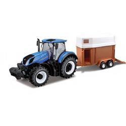 B BBU44060-A 1 by 32 New Holland T7.315 Tractor with Livestock Trailer, Blue -  Burago